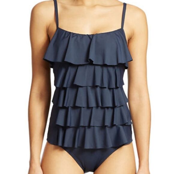 Michael Kors One Piece Sz 6 Navy Swimsuit Ruffle Maillot Swimwear - Picture 1 of 7